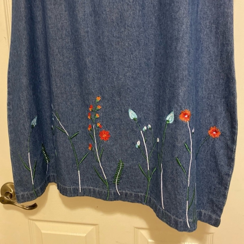 The Vermont Country Store Blue Denim Embroidered Floral Midi Dress - Picture 3 of 8